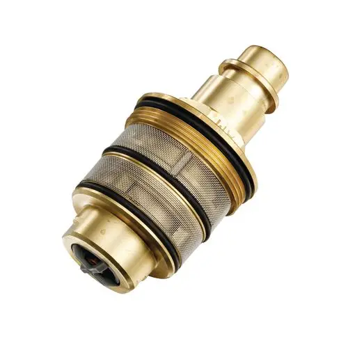 Goldfarbene Kartusche mit metallischer Oberfläche, ausgestattet mit Dichtungen, für Sanitärinstallationen, verwendet von Ideal Standard.